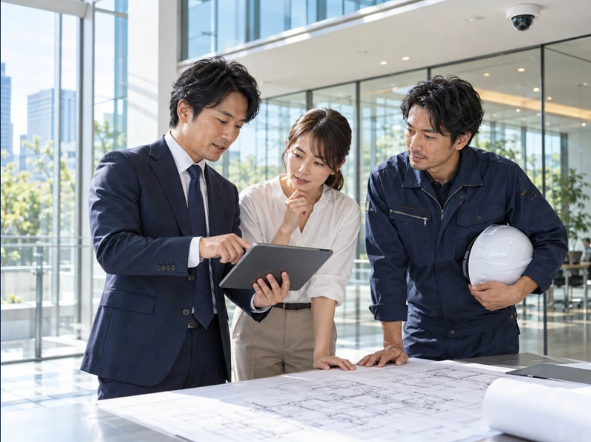 営業・工事担当者が現場で打ち合わせるイメージ